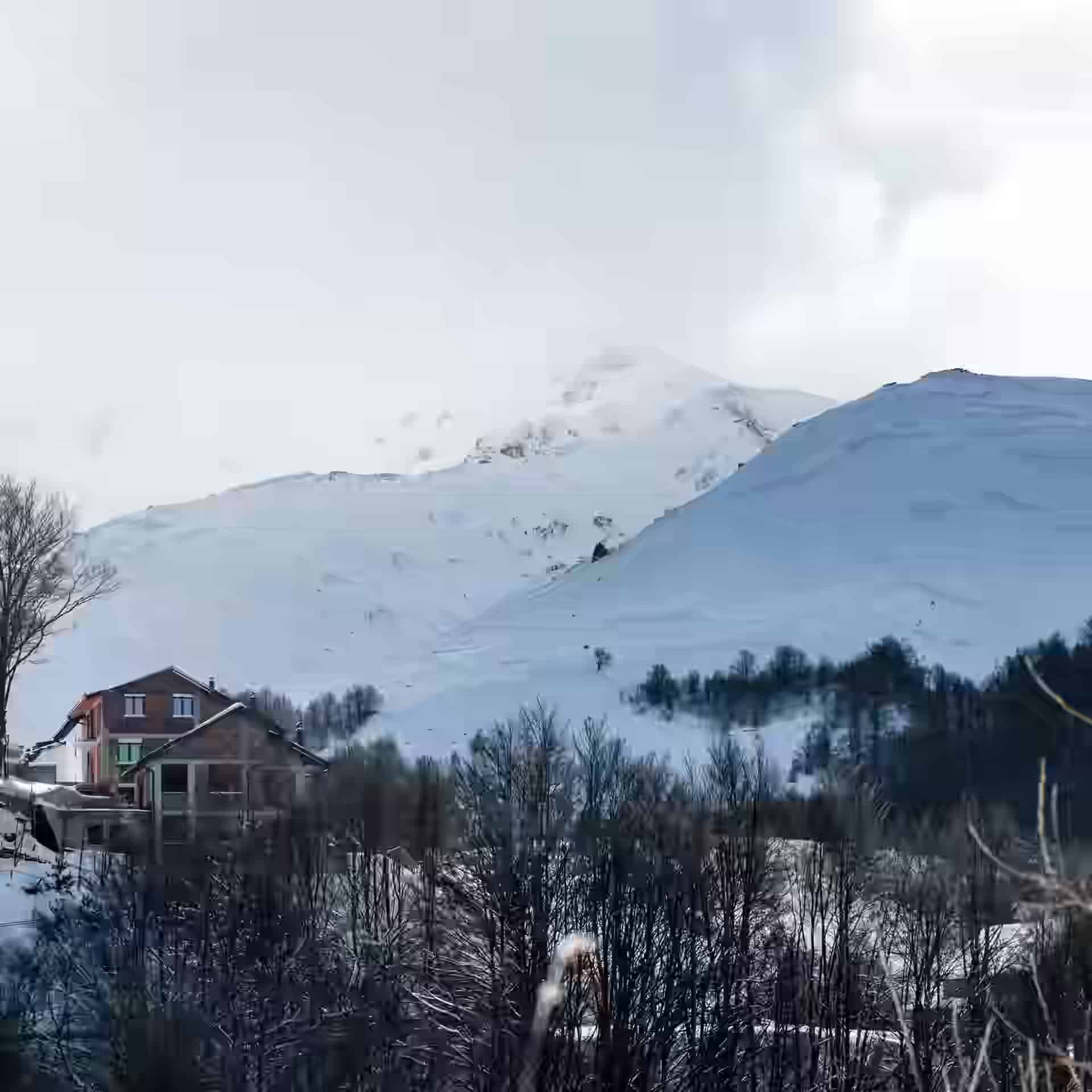 Schneebedeckte Gipfel des Šar-Gebirges über einem Haus und kahlen Winterbäumen in Brezovica.