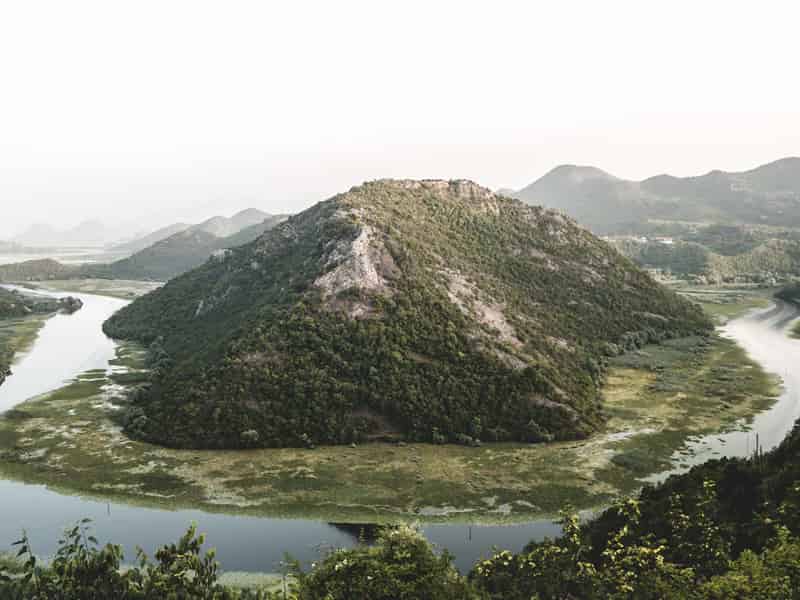 Friedliche Landschaft am Skutarisee, umgeben von sattgrünen Hügeln und stillen Feuchtgebieten in Montenegro.