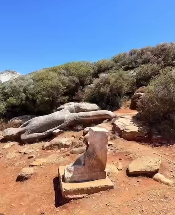 The enormous unfinished ancient Greek marble Kouros statue of Flerio lying in a garden of olive trees and ferns, Naxos, Cyclades, Greece
