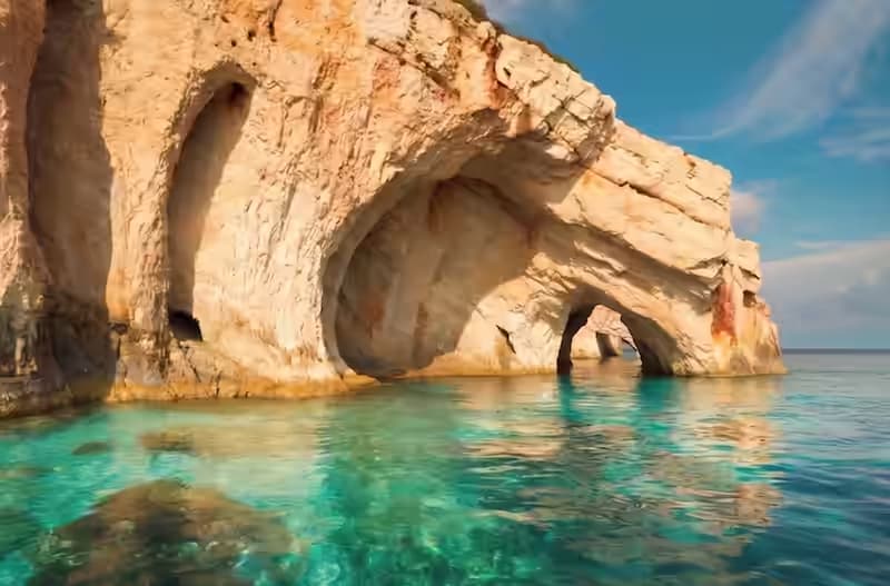 Eau bleu électrique à l'intérieur des Grottes Bleues de Zakynthos au cap Skinari avec arche calcaire et petit bateau, îles Ioniennes, Grèce