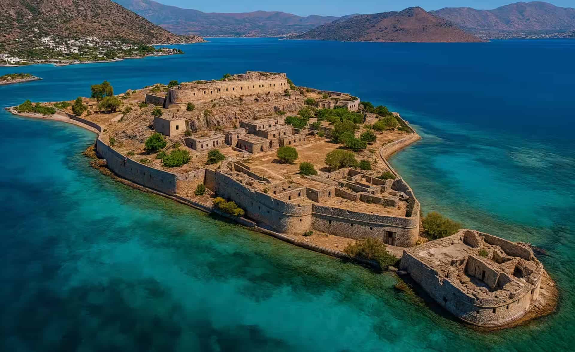Εναέρια θέα του βενετσιάνικου φρουρίου Σπιναλόγκα και των ερειπίων του, περικυκλωμένο από διάφανα τιρκουάζ νερά στον κόλπο του Μιραμπέλου, Ανατολική Κρήτη