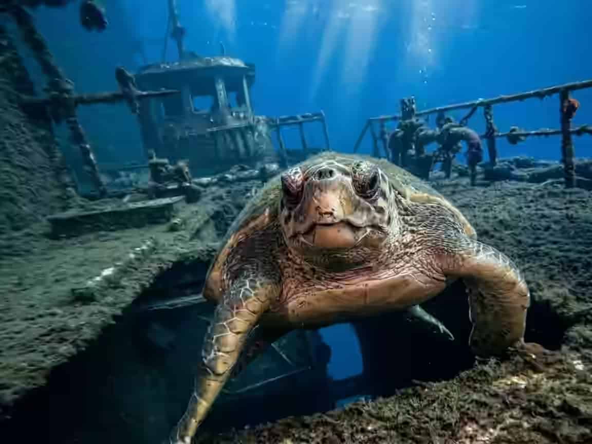 O țestoasă marină mare înotând deasupra corpului metalic scufundat al epavei Zenobia din Larnaca, Cipru.