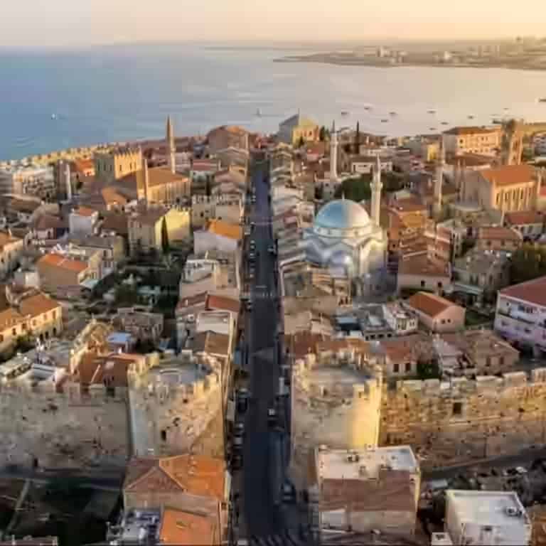 Vedere aeriană a zidurilor de piatră și a clădirilor din orașul vechi din Nicosia, Cipru, în lumina caldă a soarelui.
