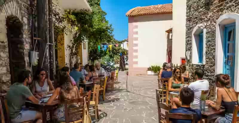 An authentic street view in Christos Raches, the famous Ikarian mountain village known for its unique midnight culture, Greece.