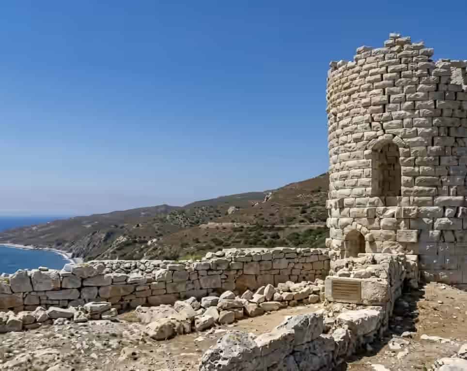 The ancient stone ruins of Drakano Tower overlooking the rugged coastline and blue sea in Ikaria, Greece.