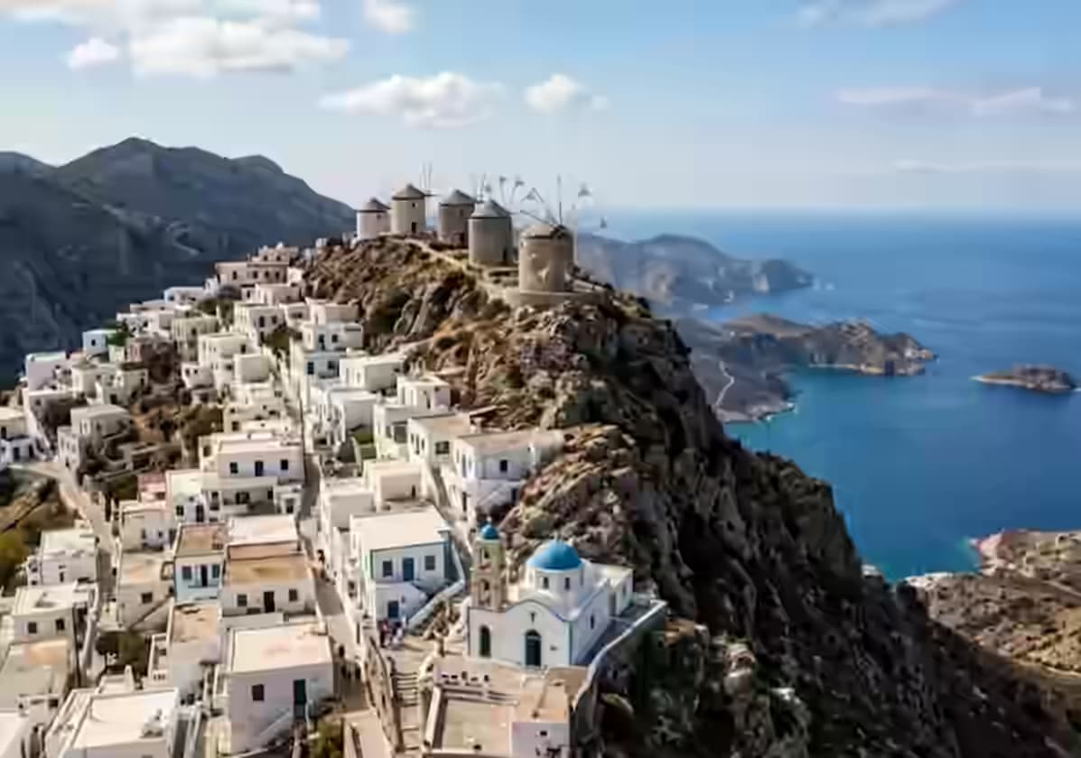 Tradycyjna, pobielona wioska Olympos na grzbiecie górskim w północnym Karpathos z kamiennymi wiatrakami i Morzem Egejskim poniżej, Dodekanez, Grecja