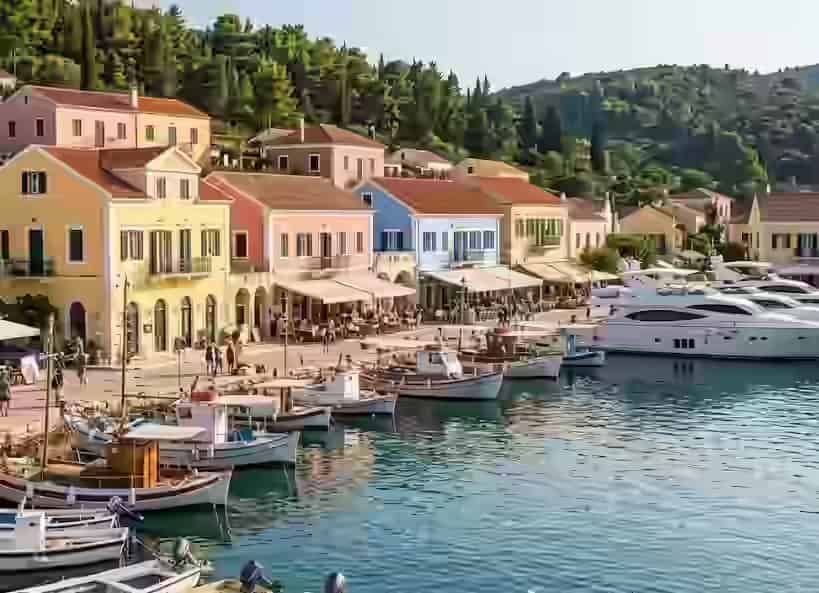 Porto di Fiskardo su Cefalonia con dimore veneziane colorate, barche da pesca e superyacht, unico villaggio sopravvissuto al terremoto del 1953