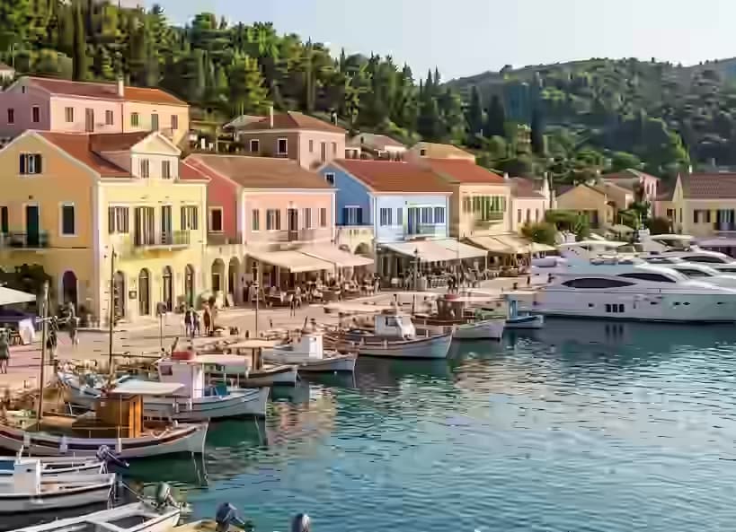 Porto di Fiskardo su Cefalonia con dimore veneziane colorate, barche da pesca e superyacht, unico villaggio sopravvissuto al terremoto del 1953