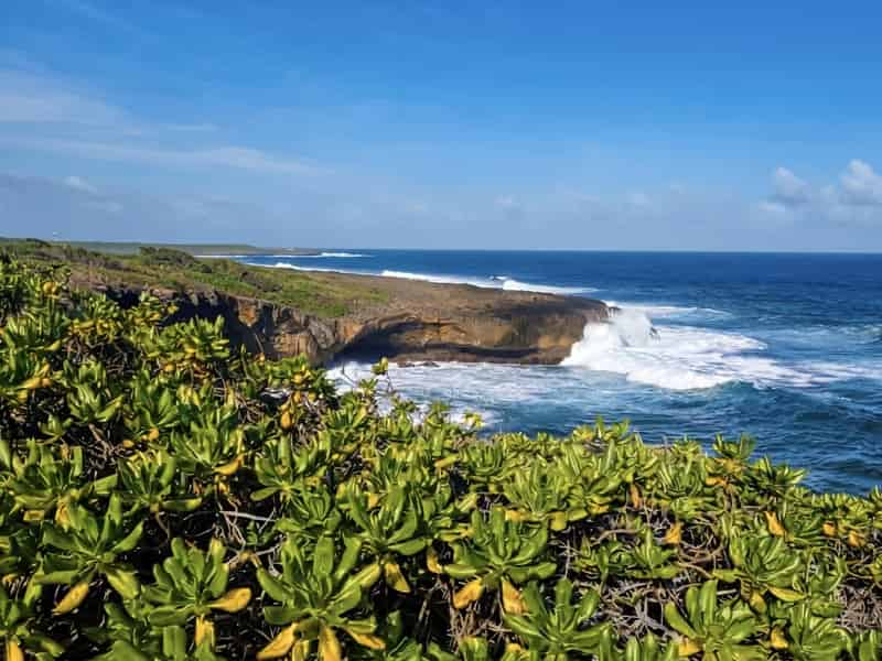 Gewaltige Wellen brechen an den schroffen Basaltklippen von Gris Gris an der Südküste von Mauritius.