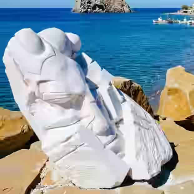 Vue côtière d'une sculpture moderne en marbre blanc reposant sur de grands rochers du rivage, surplombant l'eau turquoise cristalline et un îlot rocheux imposant, à Skala Eressos, Lesbos, Grèce.