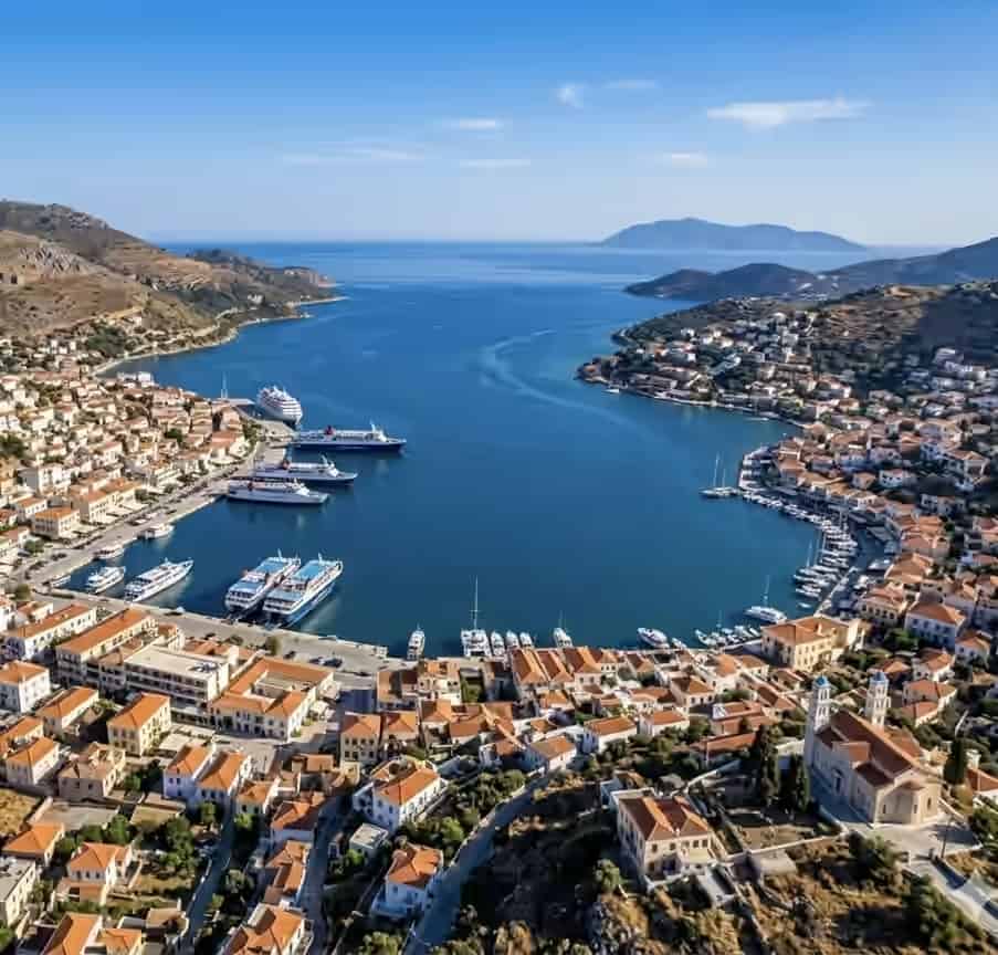 Aerial view of Vathy port town in Samos, Greece, featuring terracotta-roofed buildings surrounding a horseshoe-shaped harbor with docked boats.