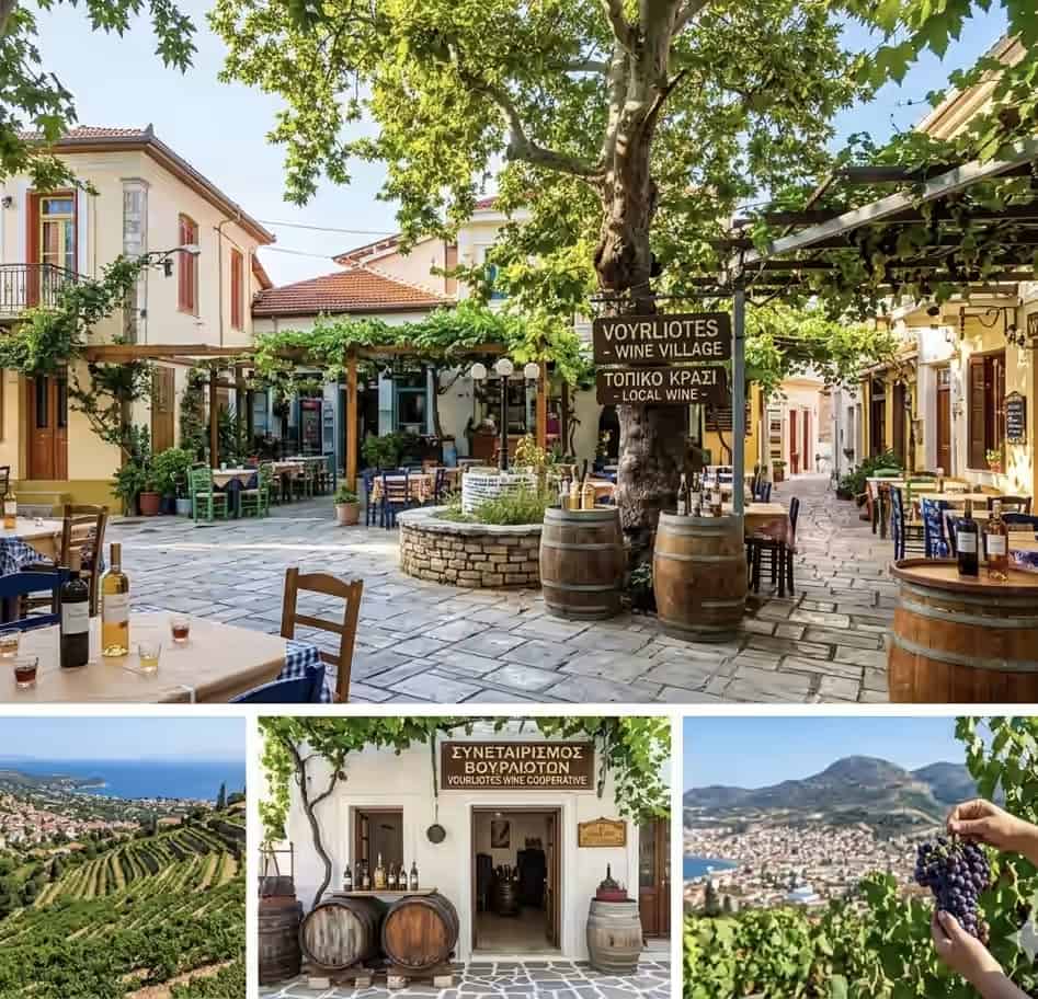 Collage of Vourliotes wine village in Samos, Greece, showing a village square, terraced vineyards, a cooperative building, and harvested grapes.