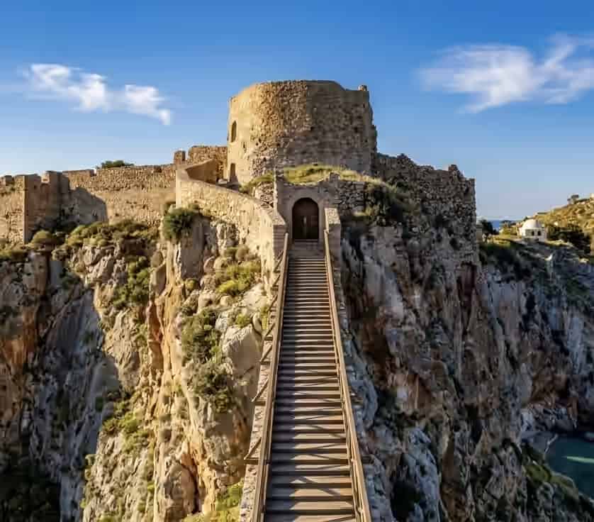 Stone ruins of the medieval Kastro fortress on a steep rocky cliff in Skiathos, Greece, accessed by a long wooden staircase.