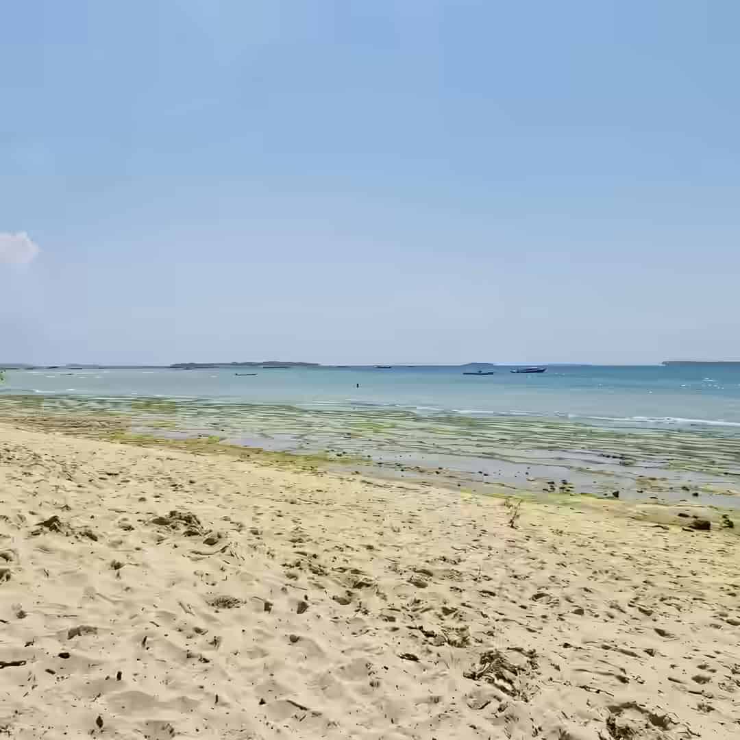 Fuji Beach in Bububu bei Ebbe: heller Sand, mit Algen bedecktes Flachwasser und ein paar Boote am Horizont.